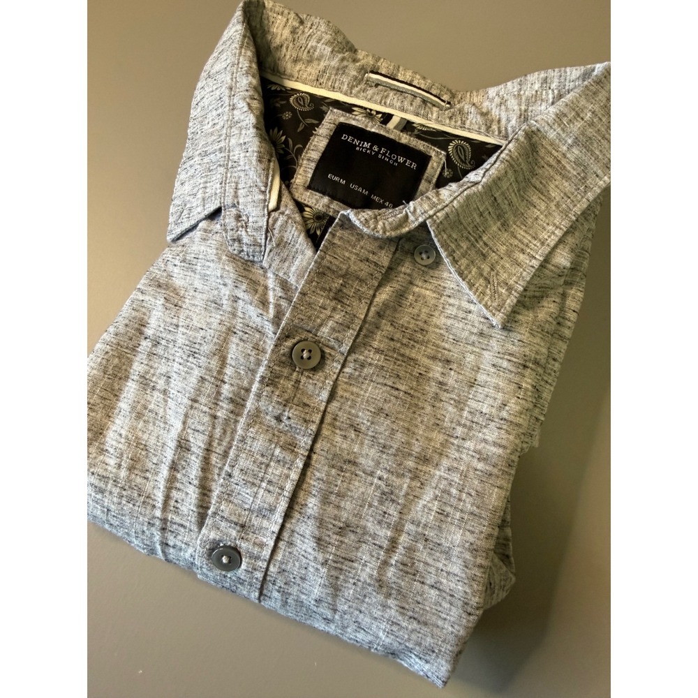Denim & Flower Ricky Singh Mens Medium Grey Marl Button Down Shirt Floral Trim